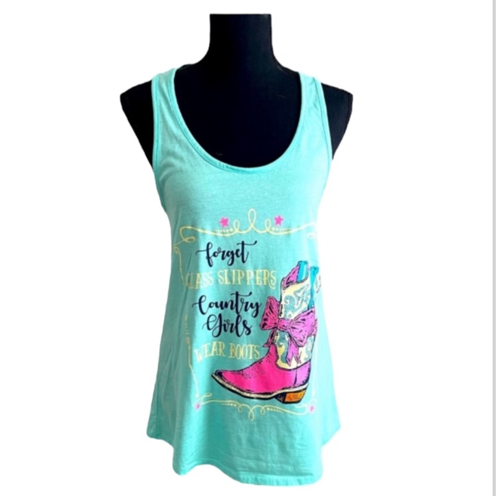 NWOT Country Girl Cowboy Boots Graphic Racerback Tank Top M Turquoise
